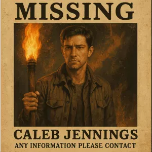 Missing person poster: Caleb Jennings, holding a torch. Smoke on The Mountain mystery adventure in Red River Gorge, KY.
