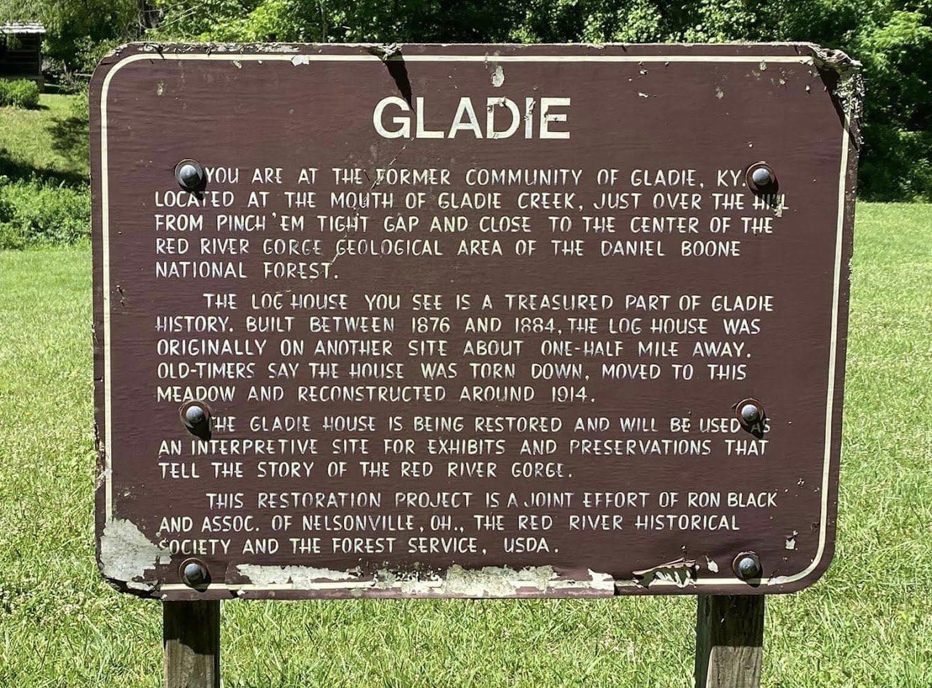 gladie nature center kentucky Sign at Gladie Visitor Center, Red River Gorge KY, detailing the history of Gladie community and log house.