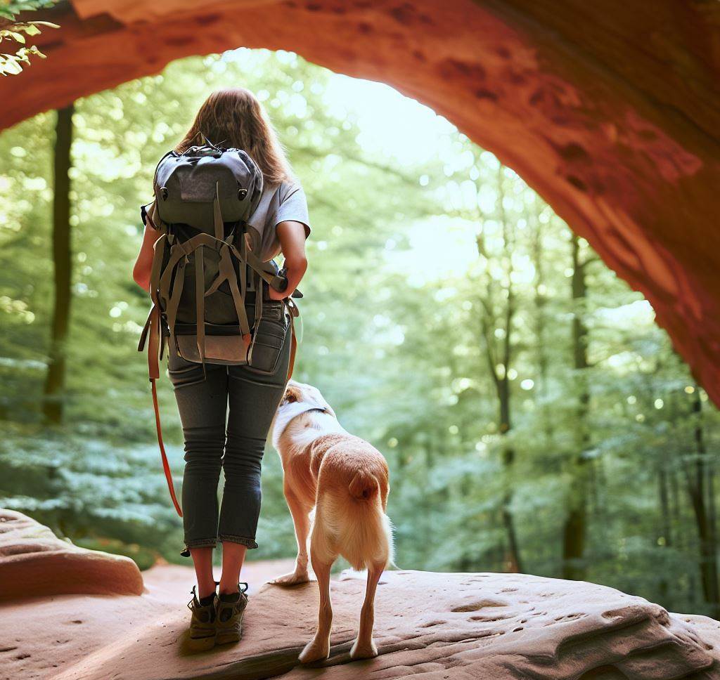 Hiker and dog at Red River Gorge, KY, exploring sandstone arch. Pawsome adventures!