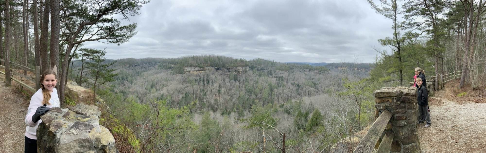 Kids at a Red River Gorge overlook, enjoying the scenic Kentucky hiking trails.