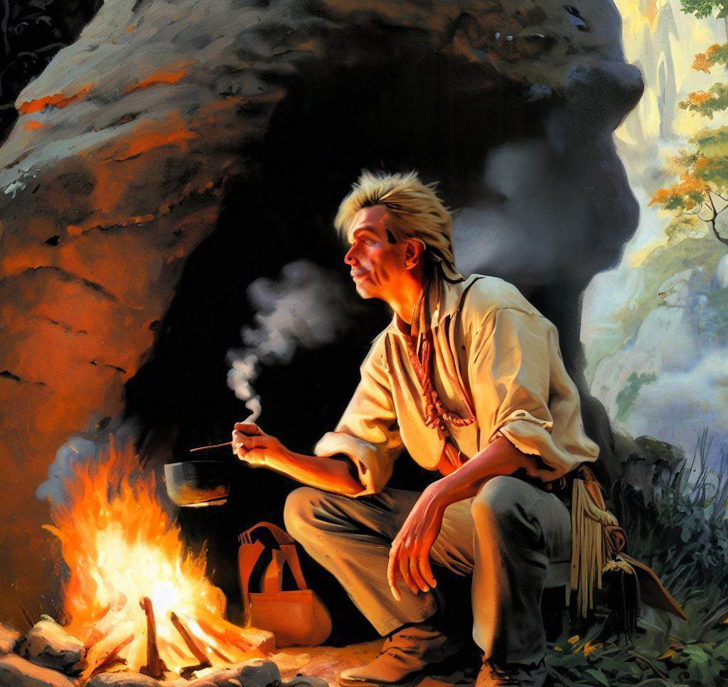 Daniel Boone by a campfire in a Red River Gorge cave, possibly exploring a hideout.