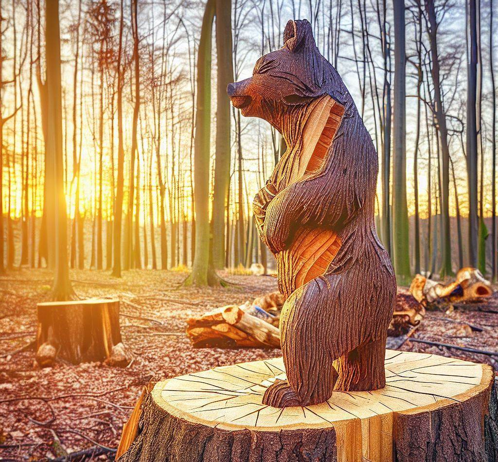 Wooden bear sculpture on a stump in Red River Gorge, KY forest at sunset.