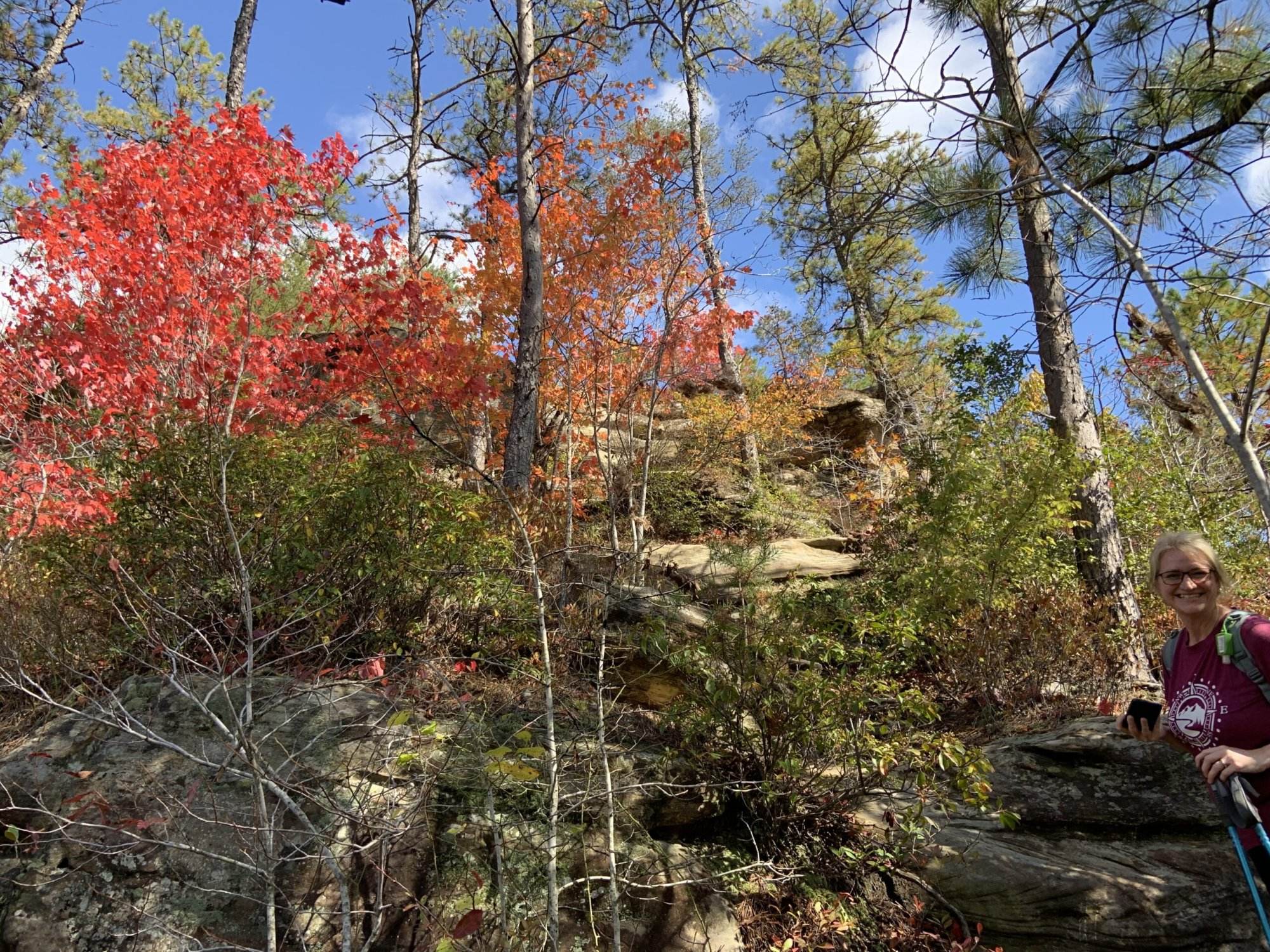Fall foliage along the Indian Staircase trail in Red River Gorge, KY. Hiker visible.