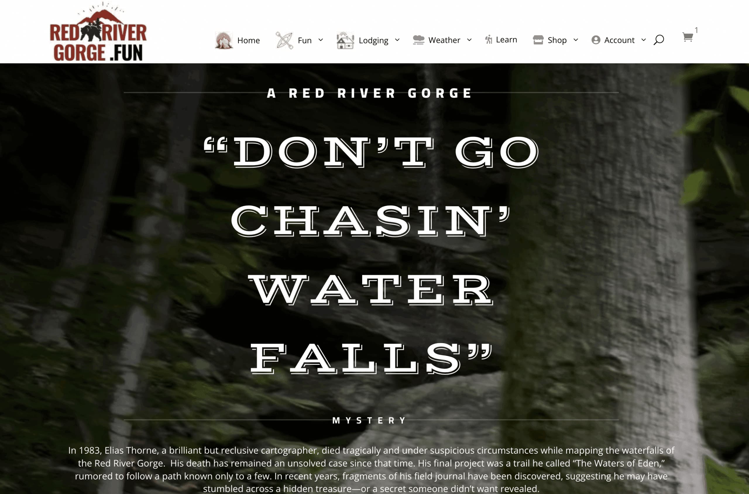 Red River Gorge waterfall with the text: "Don't go chasing waterfalls." Mystery hike adventure in Kentucky.