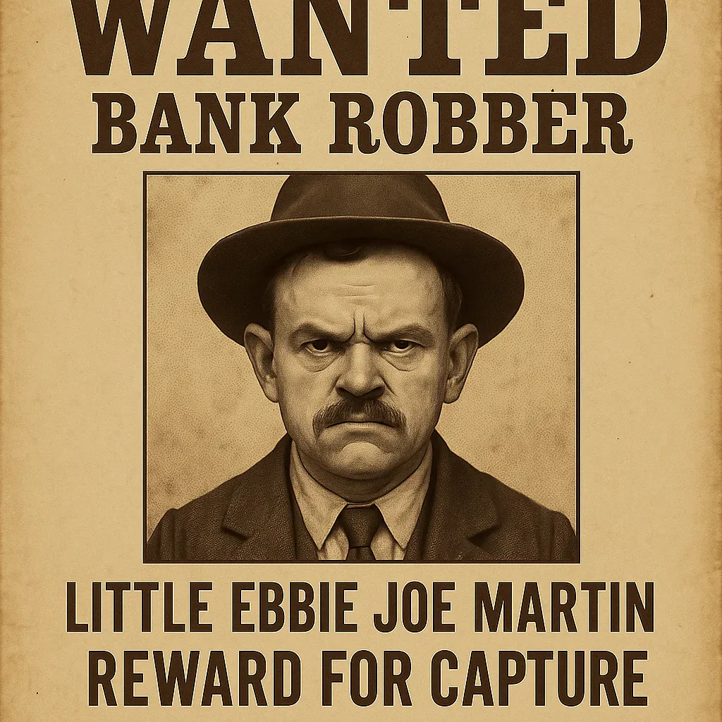 Wanted poster for Little Ebbie Joe Martin, bank robber. "Storm Run - The Bootleggers Heist" Red River Gorge KY mystery adventure.