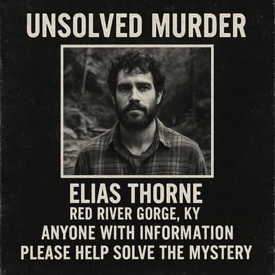 Unsolved murder poster: Elias Thorne, Red River Gorge, KY. Mystery hike experience in Kentucky.