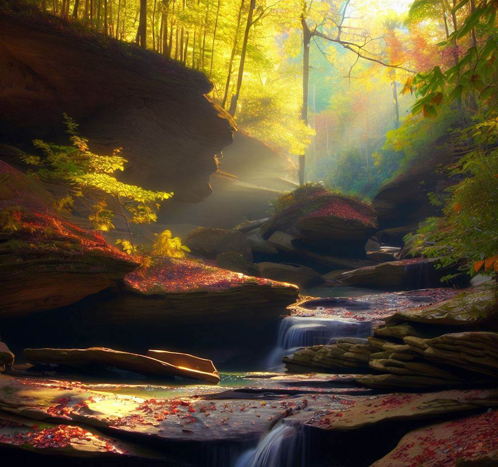 Waterfall in Red River Gorge KY, sunlight through autumn trees. Hiking adventure.