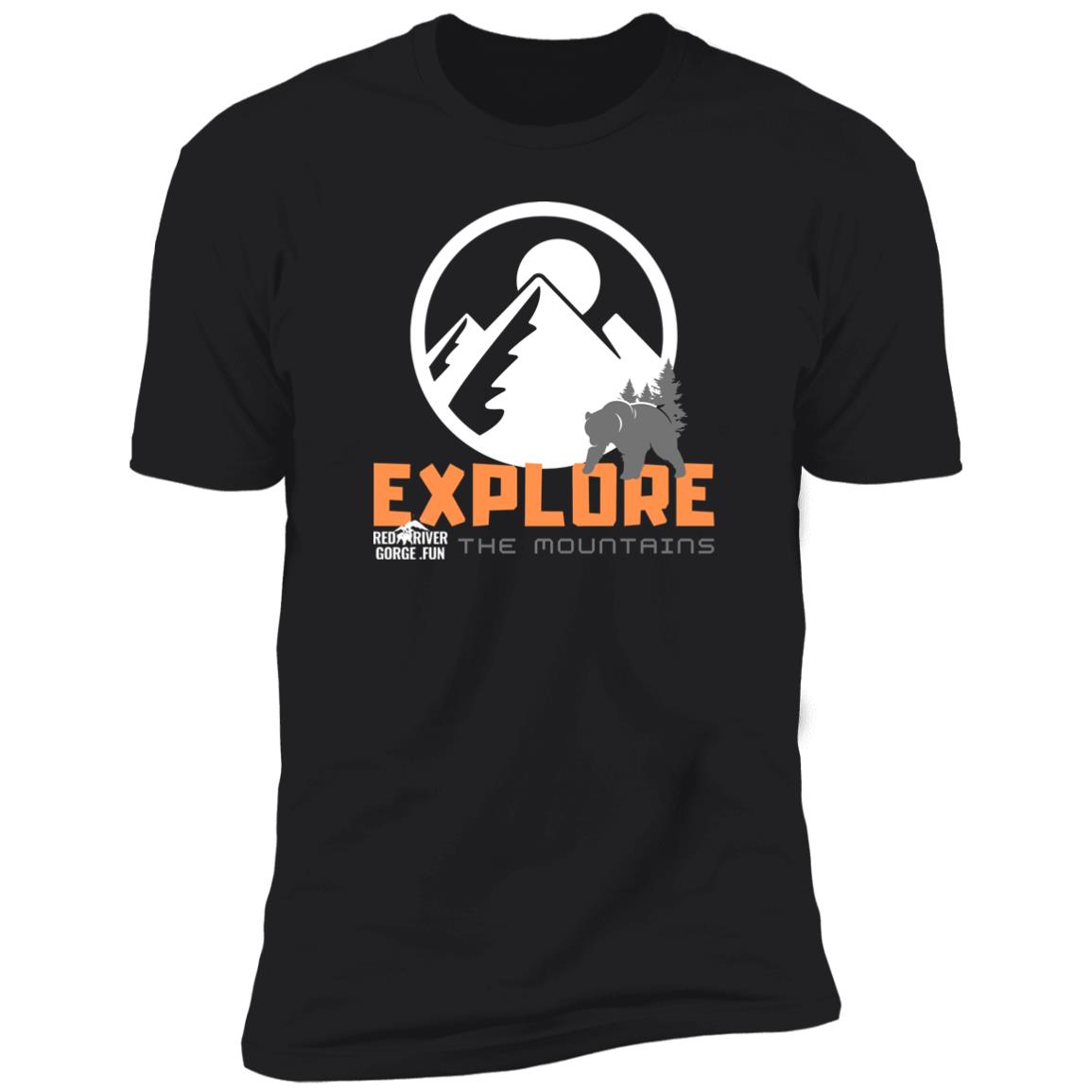 Premium Short Sleeve T-Shirt 2 Black Red River Gorge t-shirt with mountain graphic, bear, and "Explore the Mountains" text.