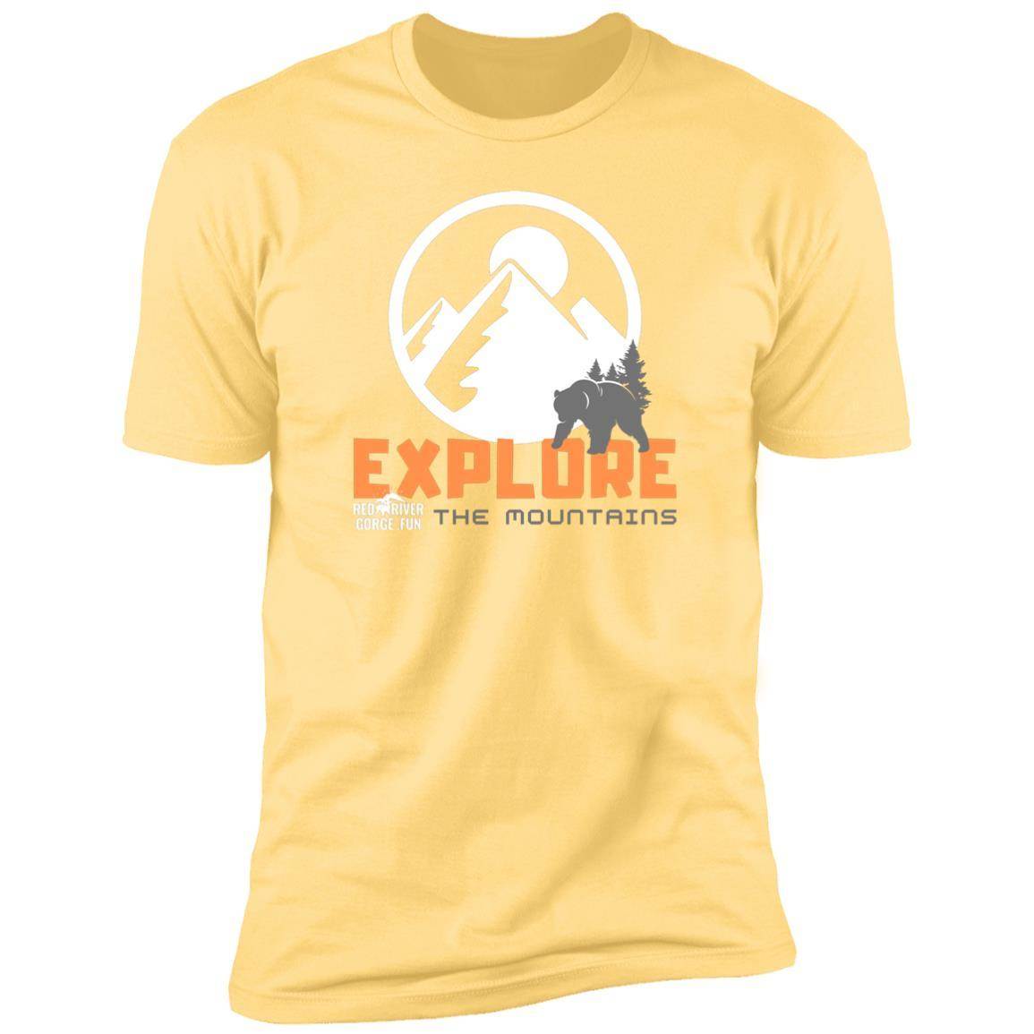 Premium Short Sleeve T-Shirt 3 Banana Cream T-Shirt with mountain graphic for Red River Gorge hiking fun. "Explore the Mountains" text.