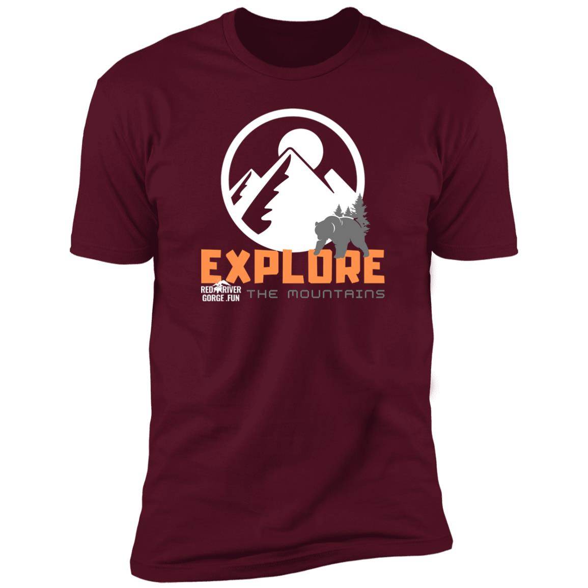 Premium Short Sleeve T-Shirt 4 Maroon Premium Short Sleeve T-Shirt with "Explore the Mountains" Red River Gorge design.