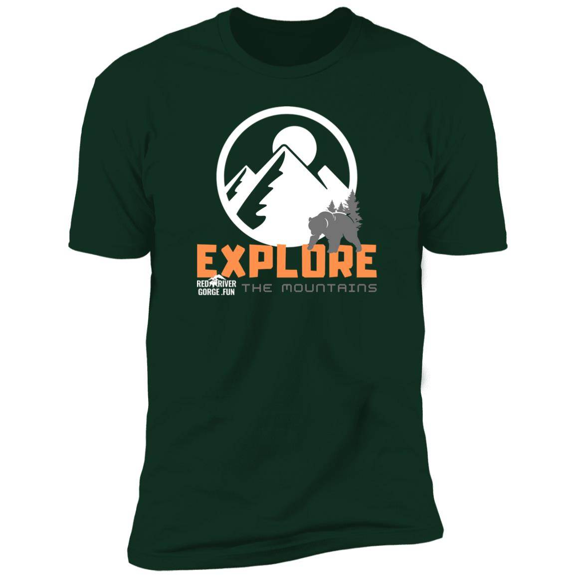 Premium Short Sleeve T-Shirt 5 Forest green t-shirt with "Explore the Mountains" graphic. Red River Gorge fun!