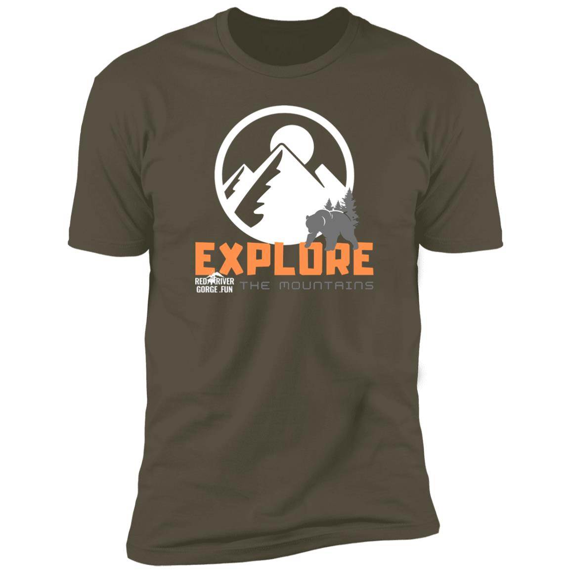 Premium Short Sleeve T-Shirt 7 Military green tee with "Explore the Mountains" design, featuring Red River Gorge scenery. Great for a Kentucky adventure!