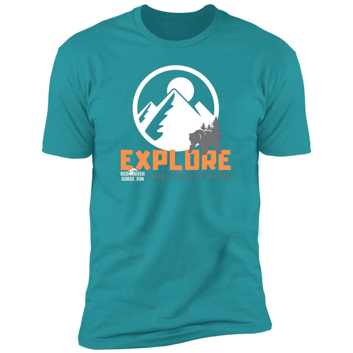 Premium Short Sleeve T-Shirt 8 Tahiti Blue shirt with mountain graphic: "Explore the Mountains, Red River Gorge Fun.