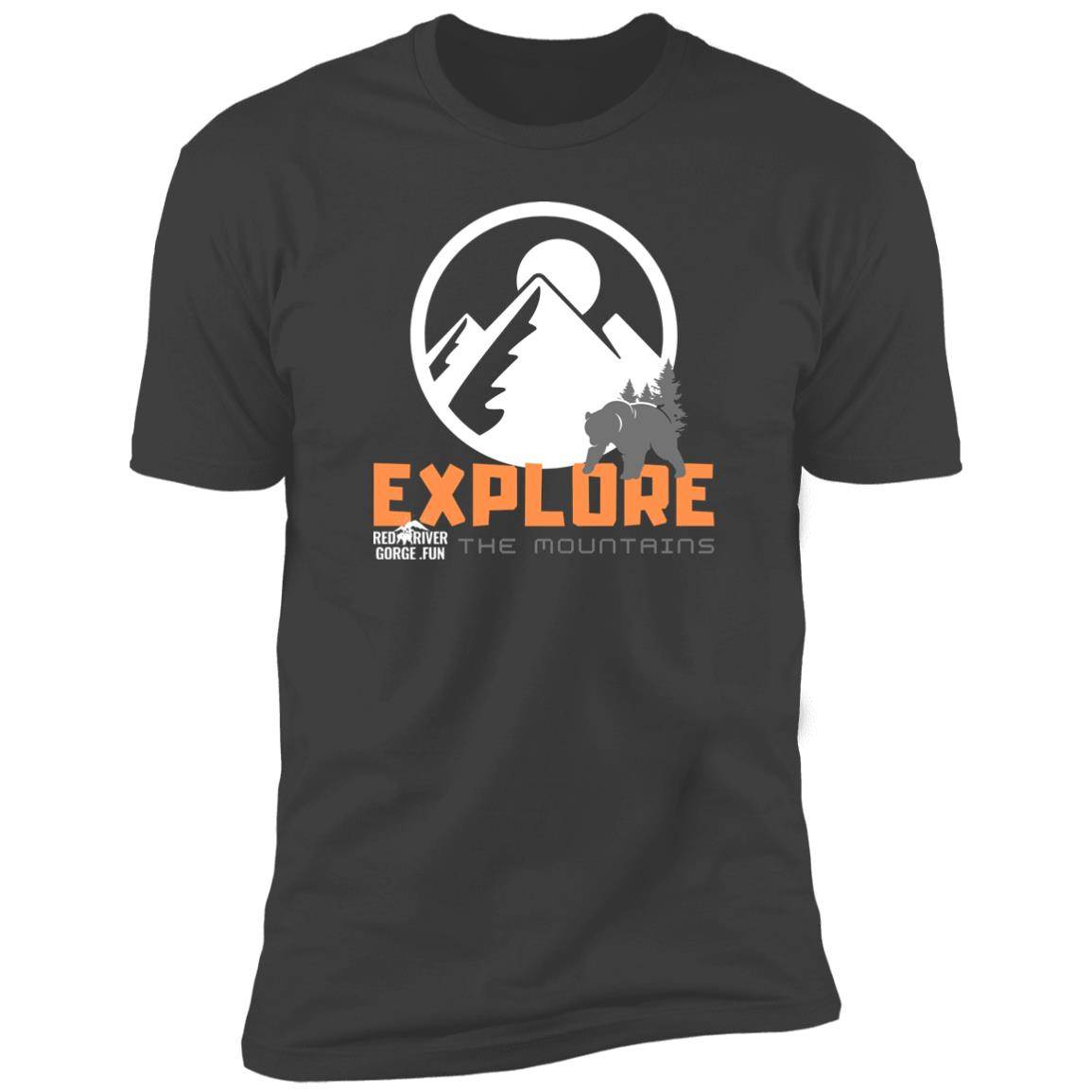 Premium Short Sleeve T-Shirt 6 Red River Gorge t-shirt with mountain and bear design. "Explore the Mountains" text.