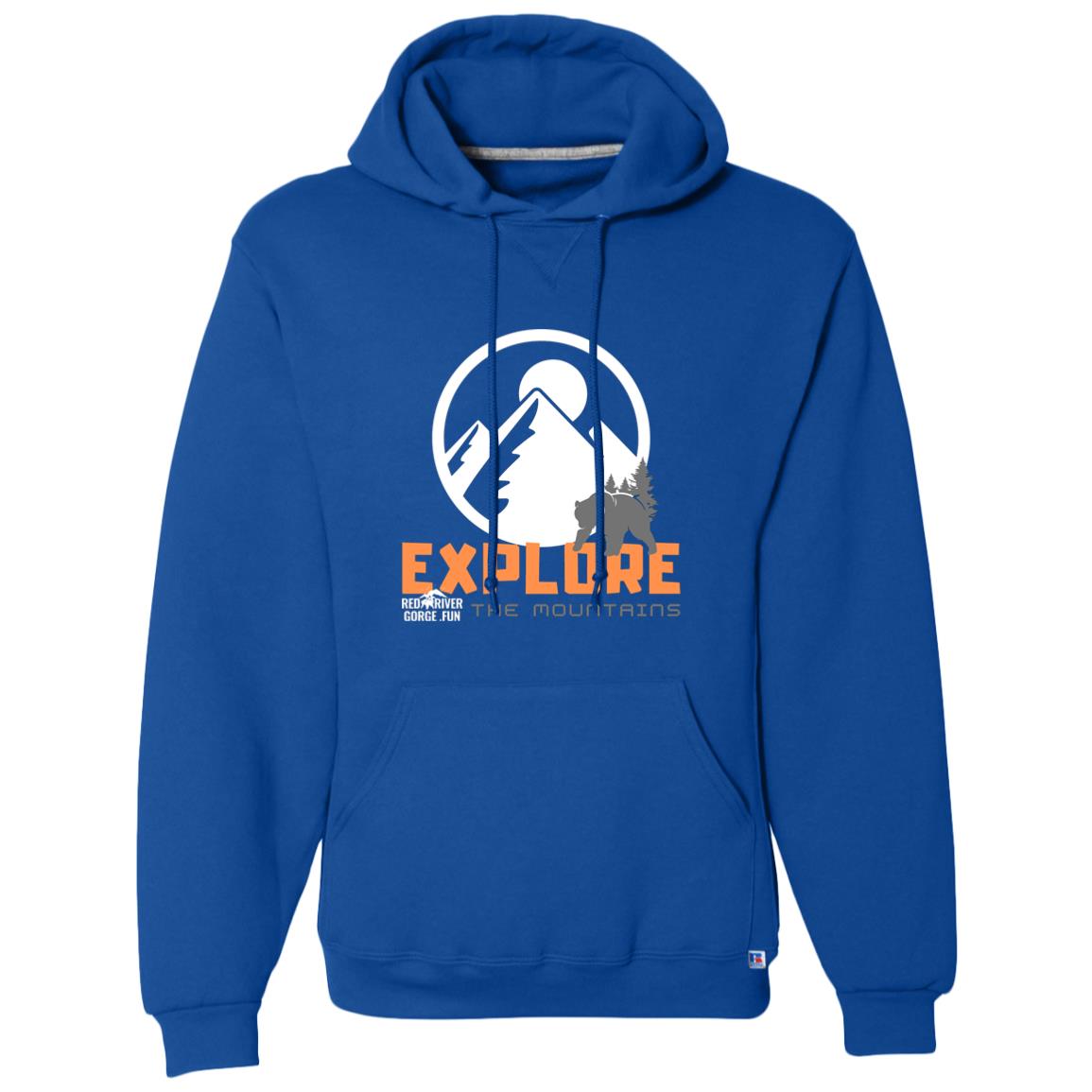 Dri-Power Fleece Pullover Hoodie 3 Royal blue "Explore the Mountains" hoodie, Red River Gorge fun, with mountain graphic and bear silhouette.