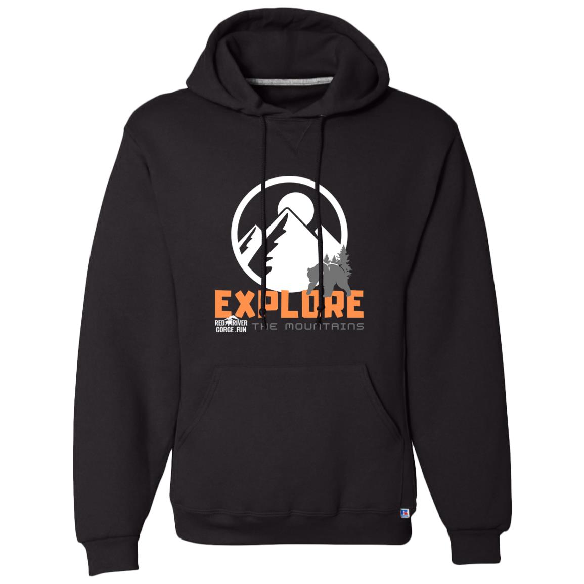 Dri-Power Fleece Pullover Hoodie 1 Black Dri-Power Fleece Pullover Hoodie with "Explore the Mountains" graphic, perfect for Red River Gorge, KY adventures.