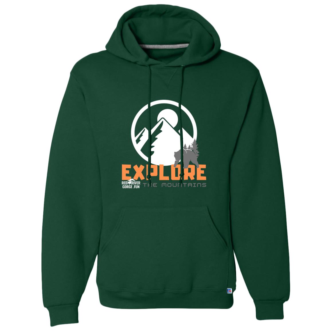 Dri-Power Fleece Pullover Hoodie 5 Forest green hoodie with "Explore the Mountains" graphic, featuring Red River Gorge, KY, theme. Great for mystery hikes!