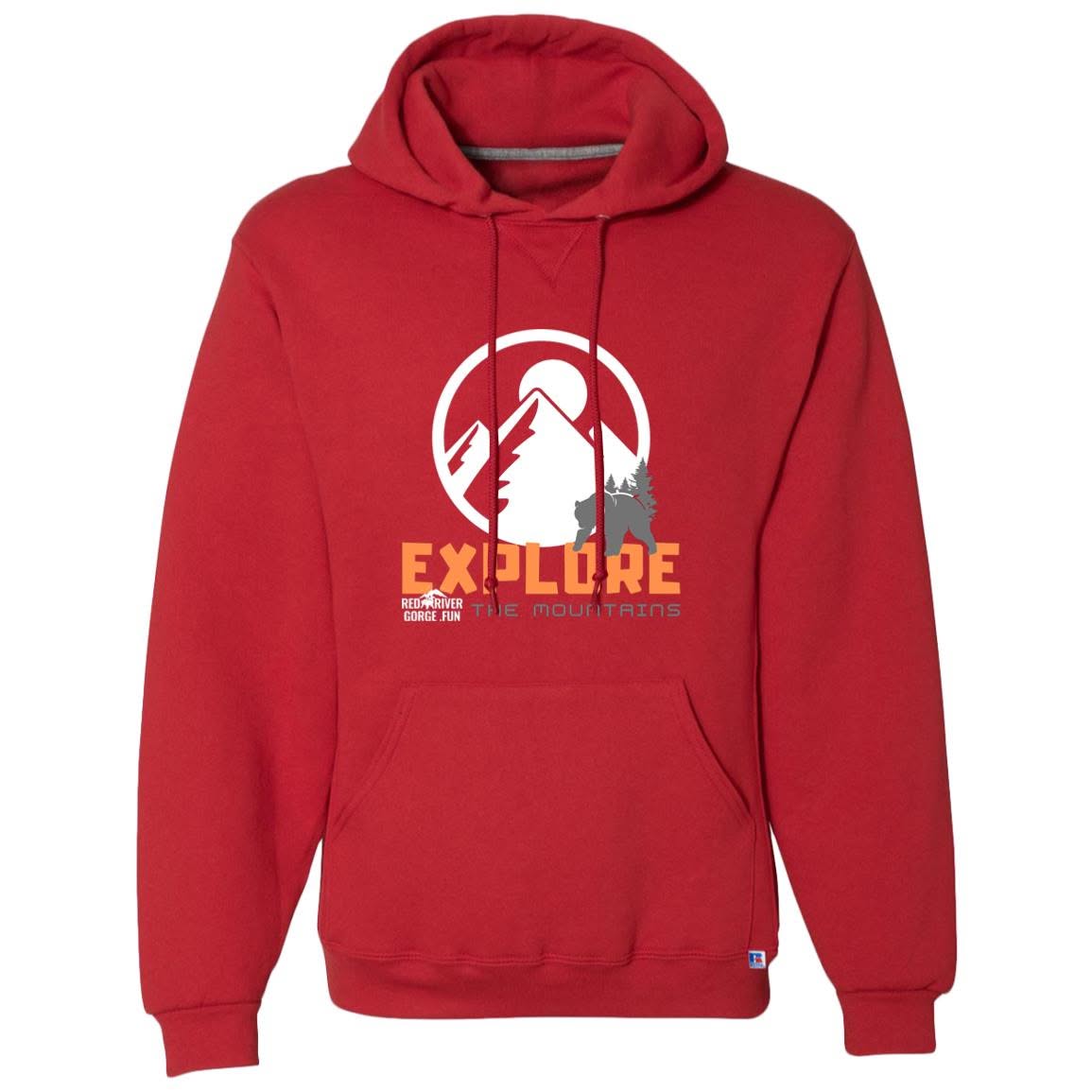 Dri-Power Fleece Pullover Hoodie 4 Red Dri-Power fleece hoodie with "Explore the Mountains" graphic, Red River Gorge KY style.