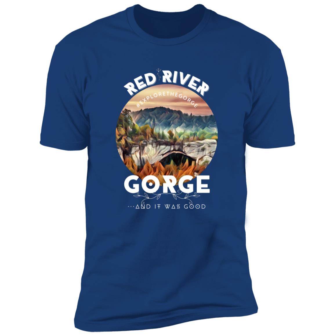 Premium Short Sleeve T-Shirt 4 Red River Gorge T-shirt featuring iconic bridge. Explore Kentucky's scenic hiking and fun mystery hike experiences!