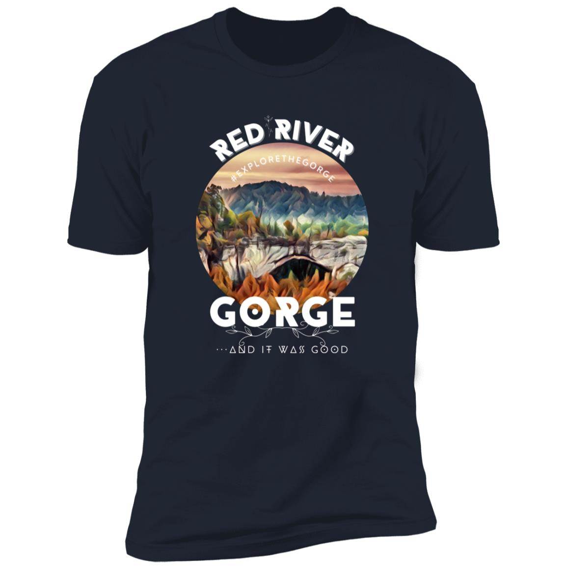 Premium Short Sleeve T-Shirt 3 Red River Gorge T-shirt: Midnight Navy tee featuring bridge scene, "Red River Gorge" text, and "#explorethegorge.
