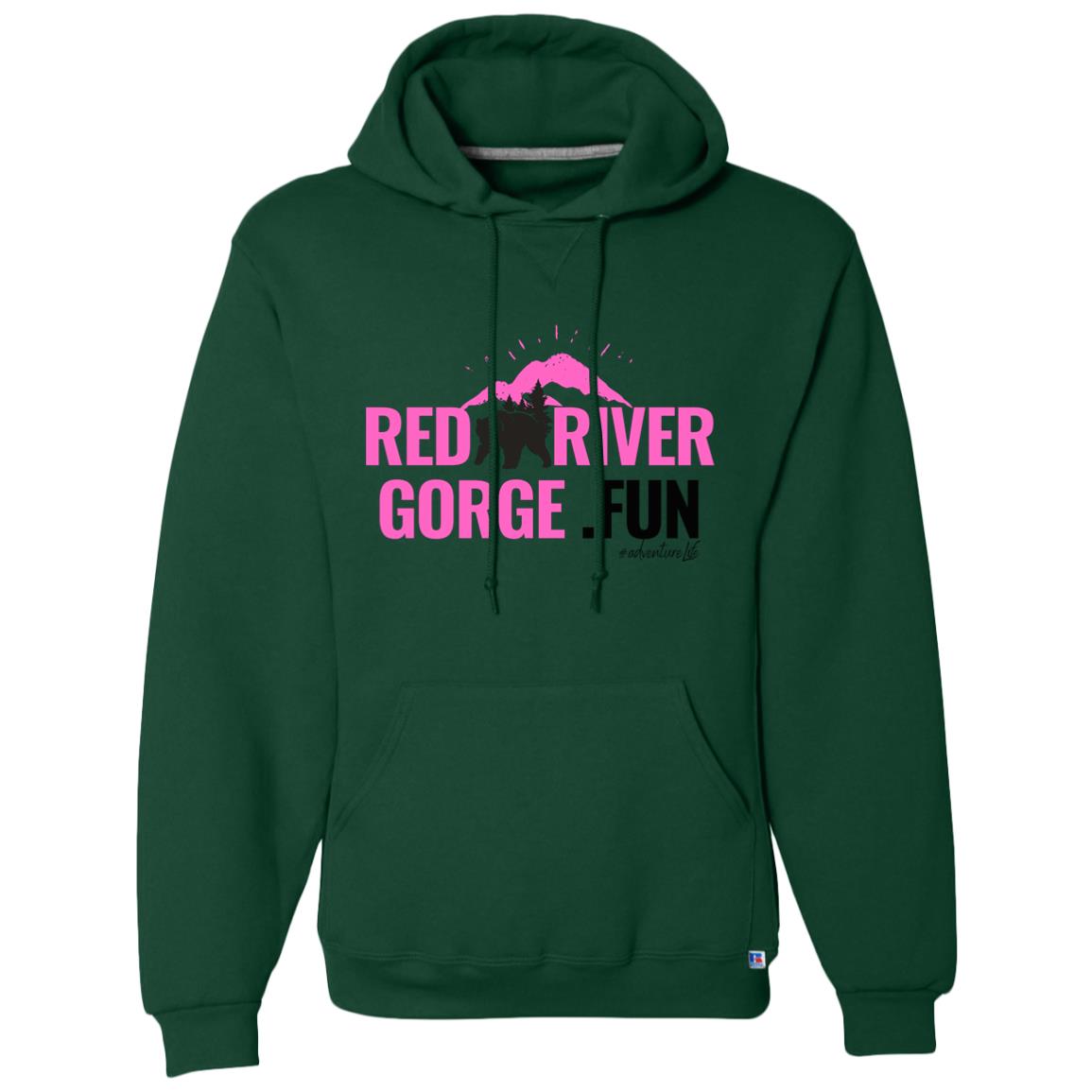 Dri-Power Fleece Pullover Hoodie 3 Forest green hoodie with "Red River Gorge. Fun" graphic. Kentucky adventure wear.