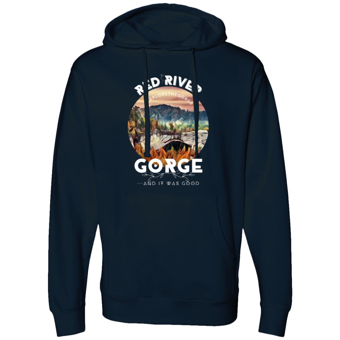 Midweight Hooded Sweatshirt 2 Red River Gorge hoodie with bridge graphic; perfect for exploring Kentucky's natural beauty.