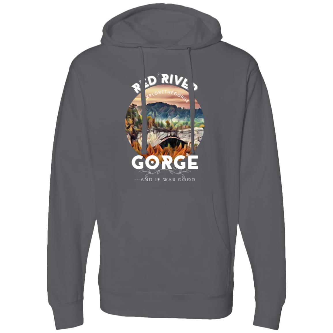 Midweight Hooded Sweatshirt 3 Red River Gorge hoodie with a bridge scenic design. Text: Red River Gorge, Explorethegorge, ...and it was good.