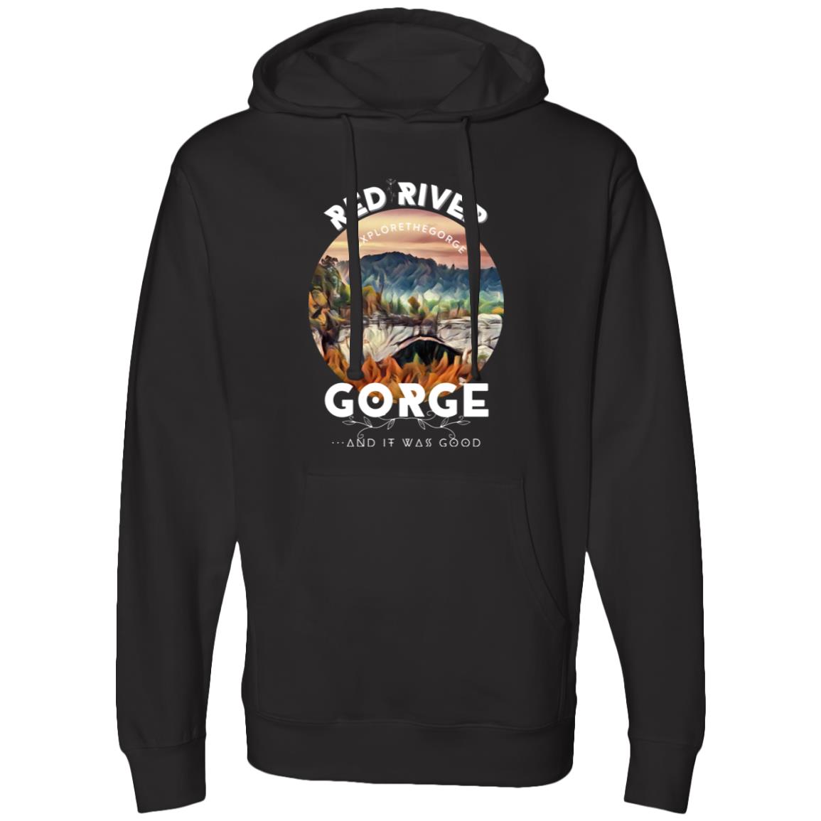 Midweight Hooded Sweatshirt 1 Red River Gorge midweight hooded sweatshirt featuring Kentucky's iconic bridge and scenic views. Explore the Gorge!