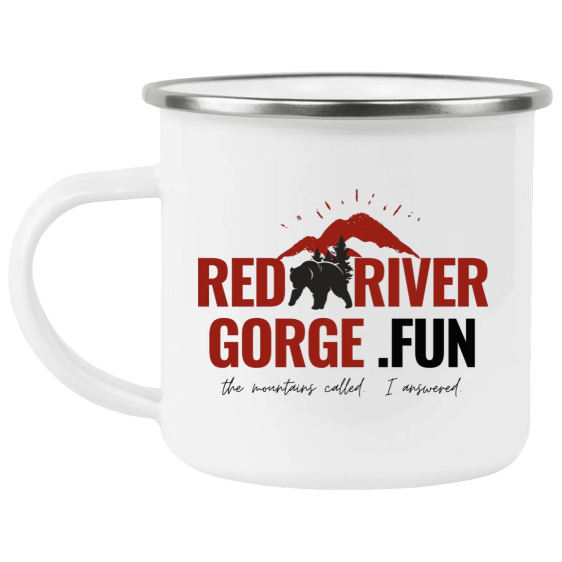 Enamel Camping Mug 1 Red River Gorge camping mug featuring a bear, mountains, and the text "Red River Gorge .FUN.