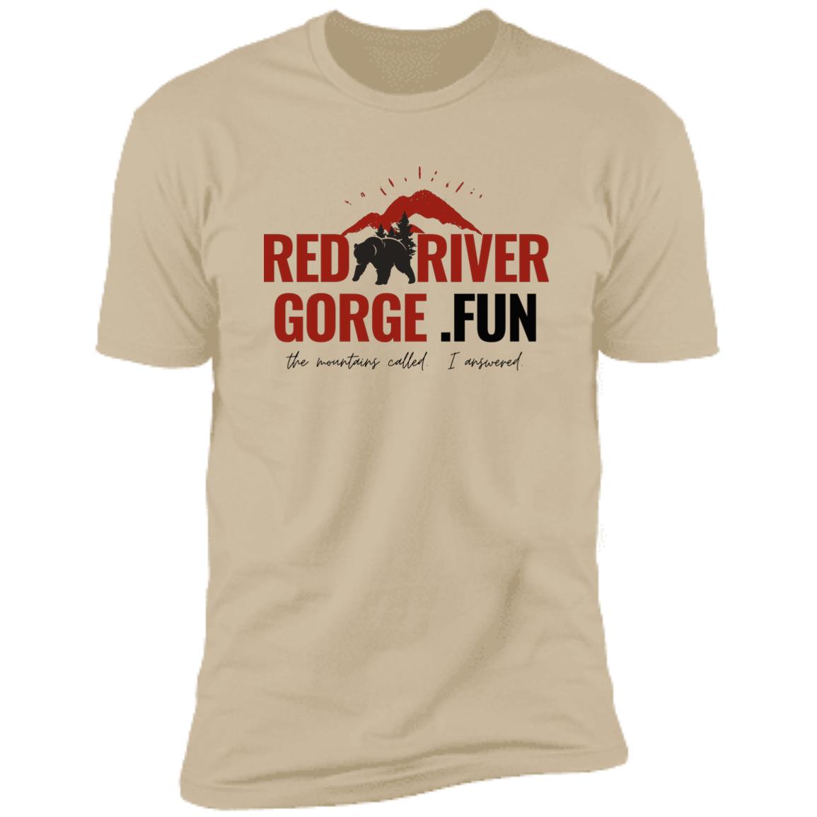 Premium Short Sleeve T-Shirt 2 Sand premium short sleeve t-shirt with Red River Gorge, KY graphic: "The mountains called. I answered.