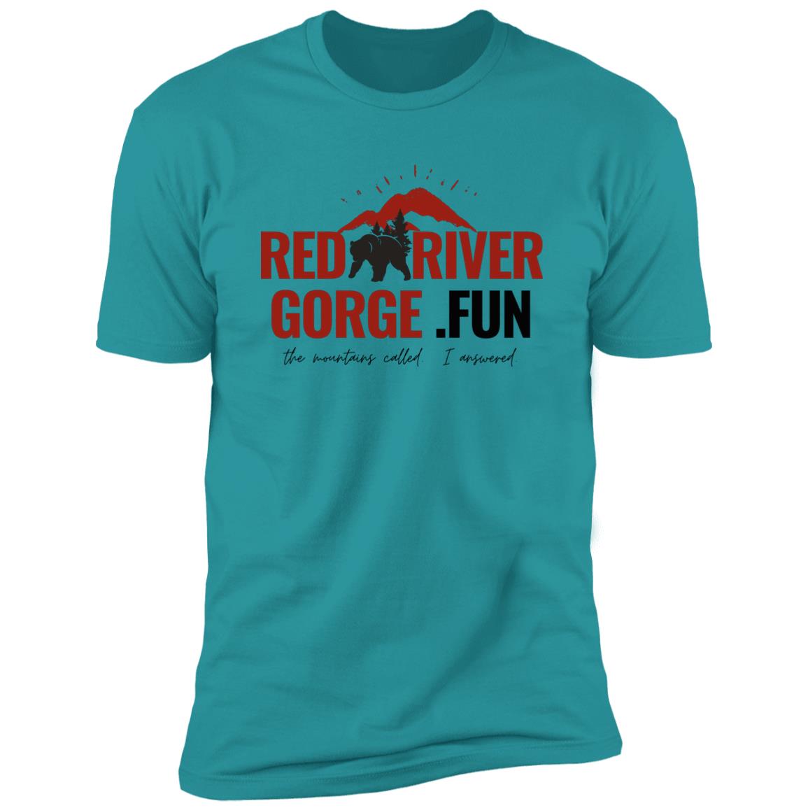 Premium Short Sleeve T-Shirt 3 Tahiti Blue t-shirt with "Red River Gorge .FUN" design featuring mountains and a bear, referencing Kentucky's Red River Gorge region.