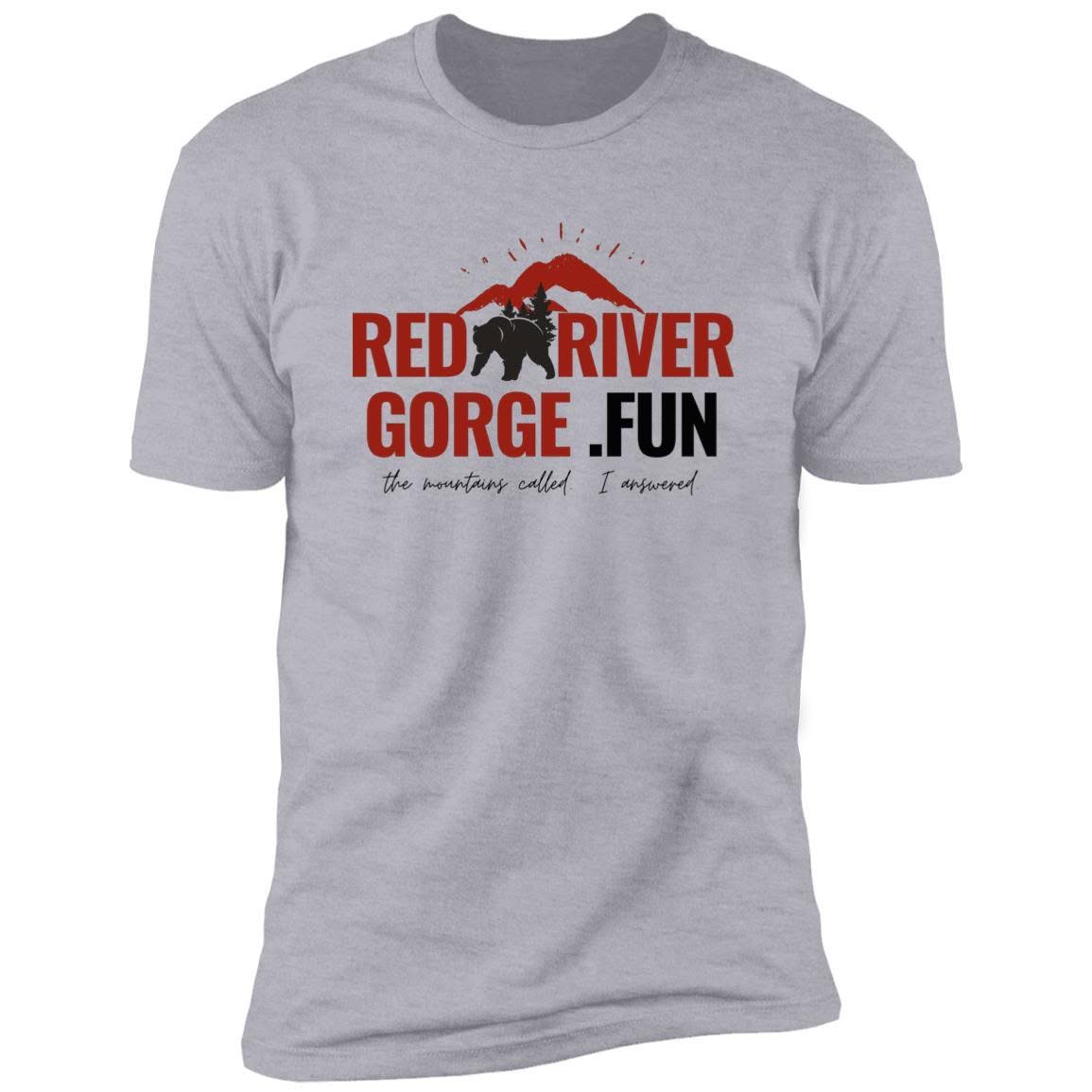 Premium Short Sleeve T-Shirt 1 Red River Gorge T-shirt featuring mountain graphic. "Red River Gorge .FUN" text. Kentucky hiking apparel.