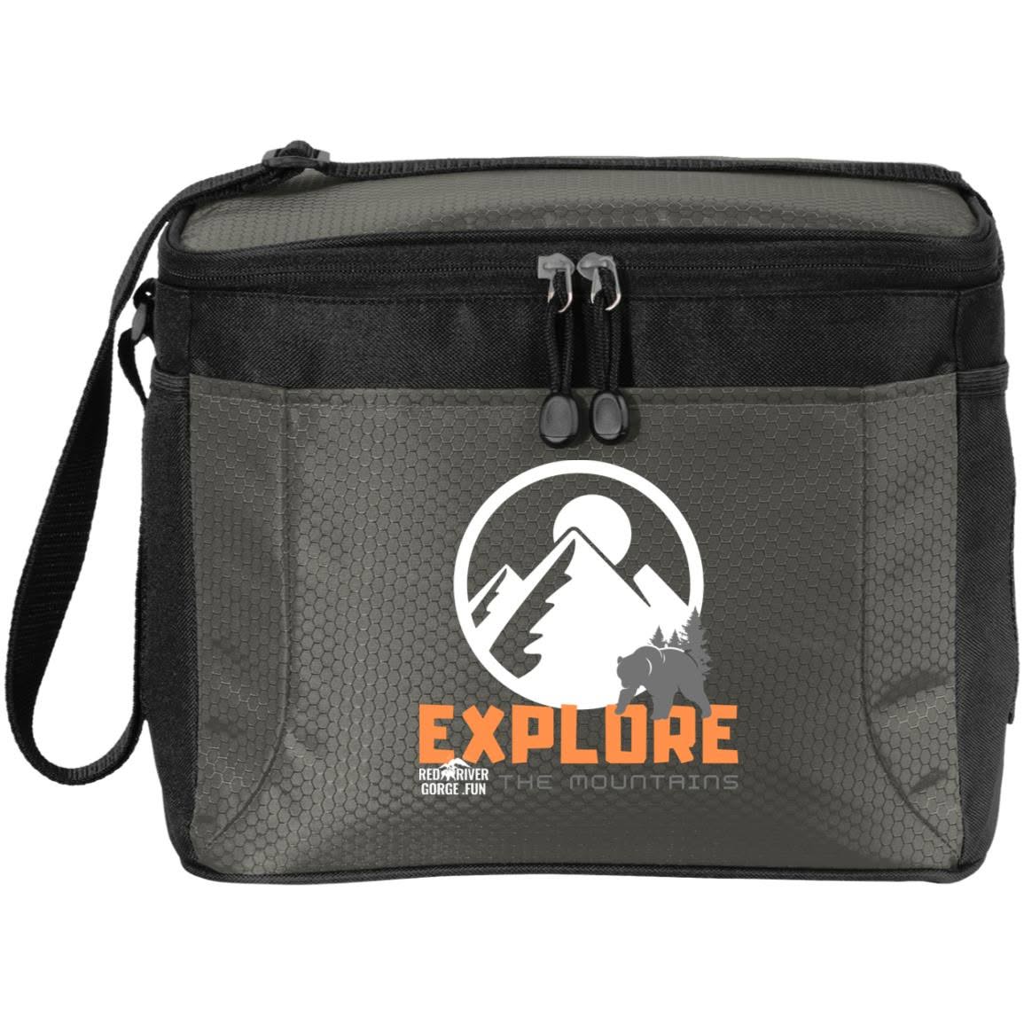 Explore 12-Pack Cooler 2 Grey and black "Explore" 12-pack cooler with mountain and bear graphic, perfect for a Red River Gorge, KY hike.