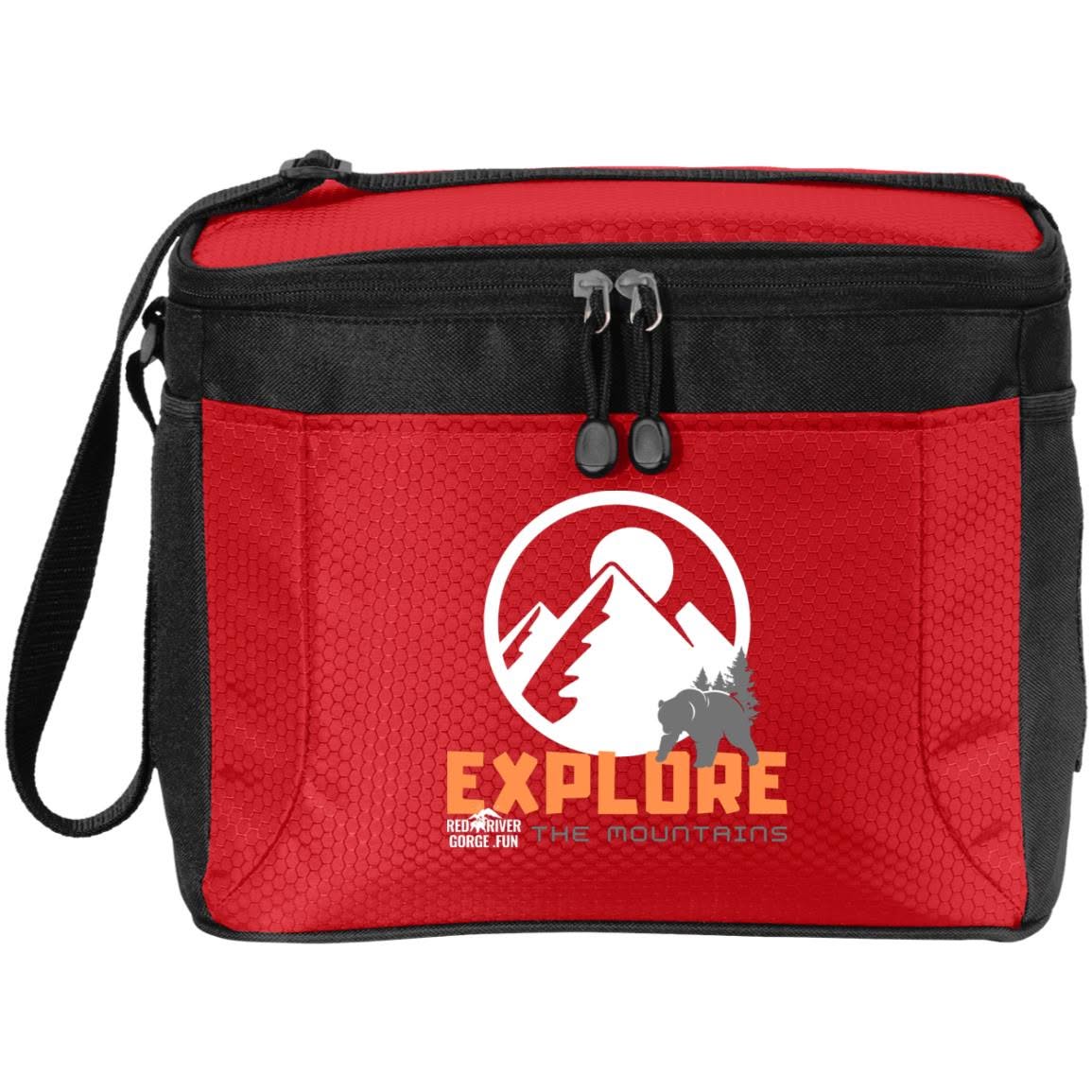 Explore 12-Pack Cooler 3 Red and black "Explore" cooler bag with a mountain logo, perfect for Red River Gorge, KY adventures.