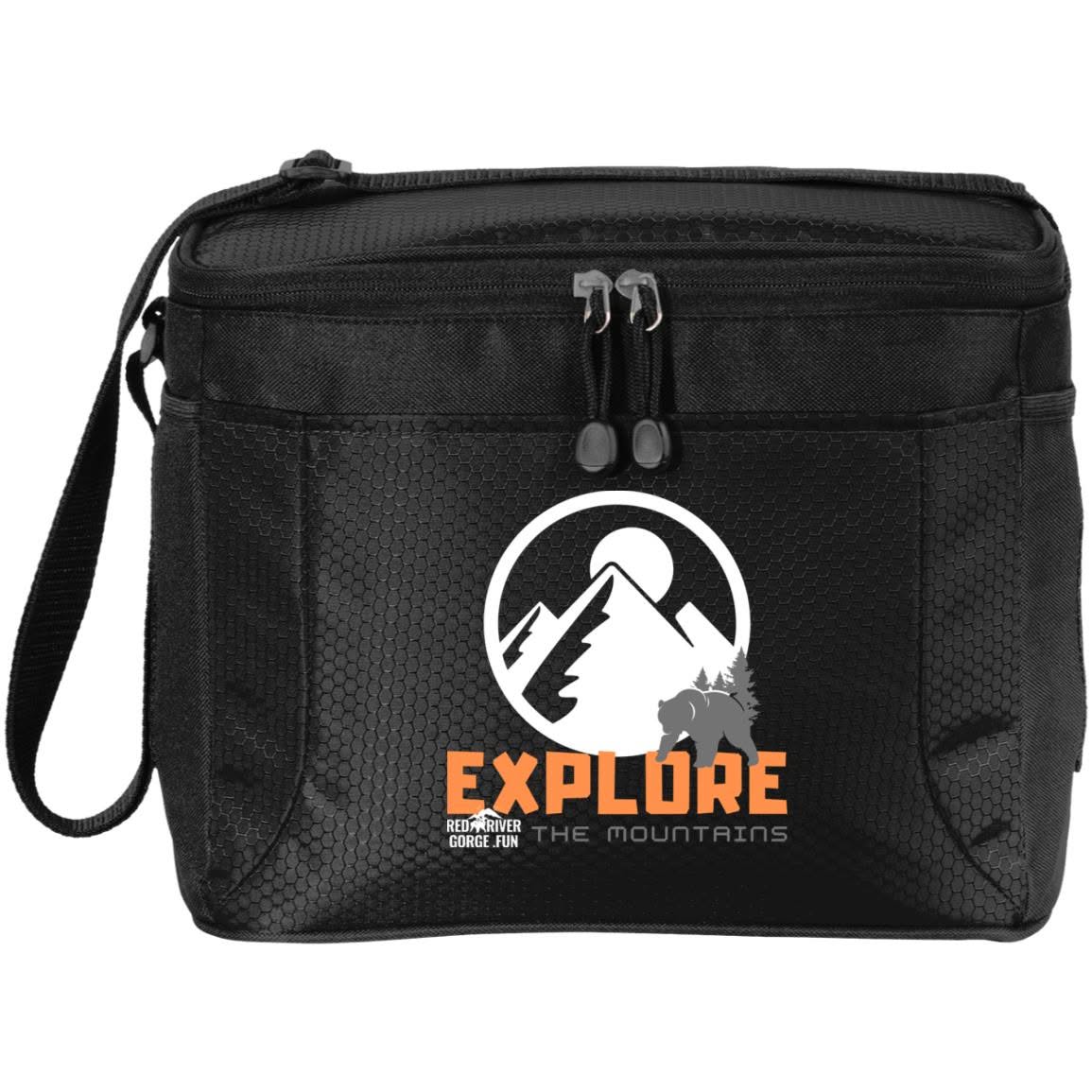 Explore 12-Pack Cooler 1 Black 12-pack cooler with "EXPLORE" logo, mountains, and "Red River Gorge Fun" text. Perfect for Kentucky adventures.