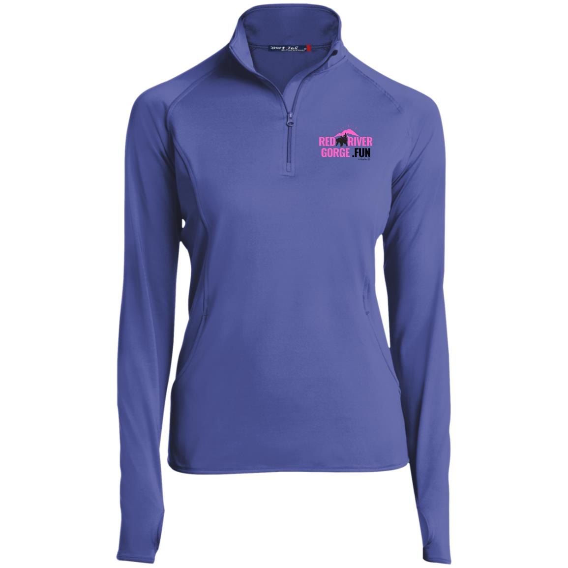 Ladies' 1/2 Zip Performance Pullover 1 Blue Ladies' 1/2 Zip Pullover with "Red River Gorge Fun" logo. Perfect for hiking in Red River Gorge, KY.