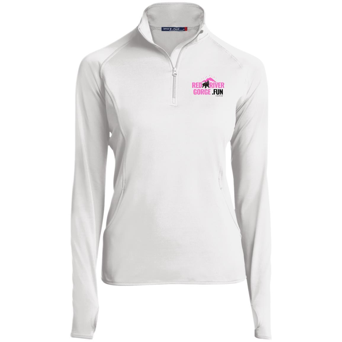 Ladies' 1/2 Zip Performance Pullover 2 White ladies' 1/2 zip pullover with "Red River Gorge Fun" logo. Perfect for Kentucky hiking adventures.