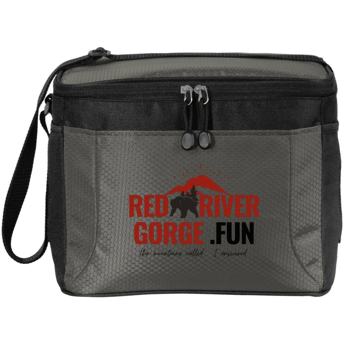 RedRiverGorge.fun 12-Pack Cooler 1 Gray cooler bag with Red River Gorge Fun logo, perfect for mystery hikes in Kentucky's Red River Gorge.