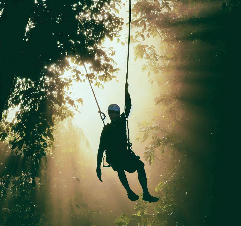 rock climbing Adventurer ziplining through Red River Gorge, Kentucky, with sunlight streaming through the trees.