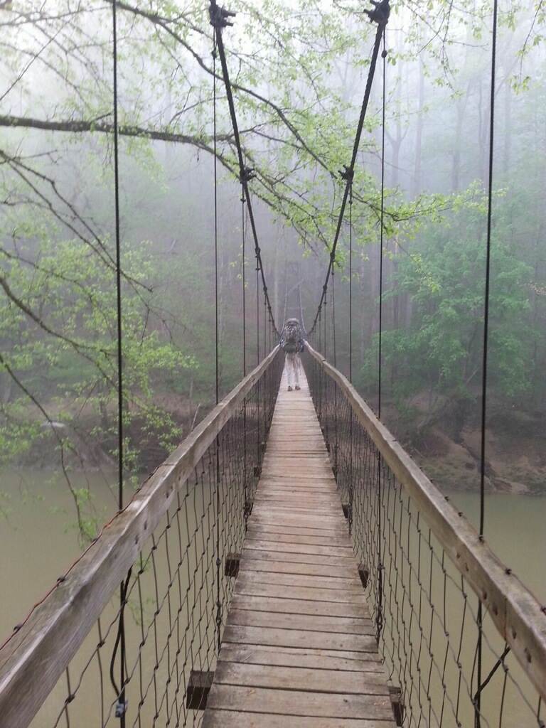 Foggy suspension bridge on the Sheltowee Trace Trail, Red River Gorge, KY. Hiking adventure.