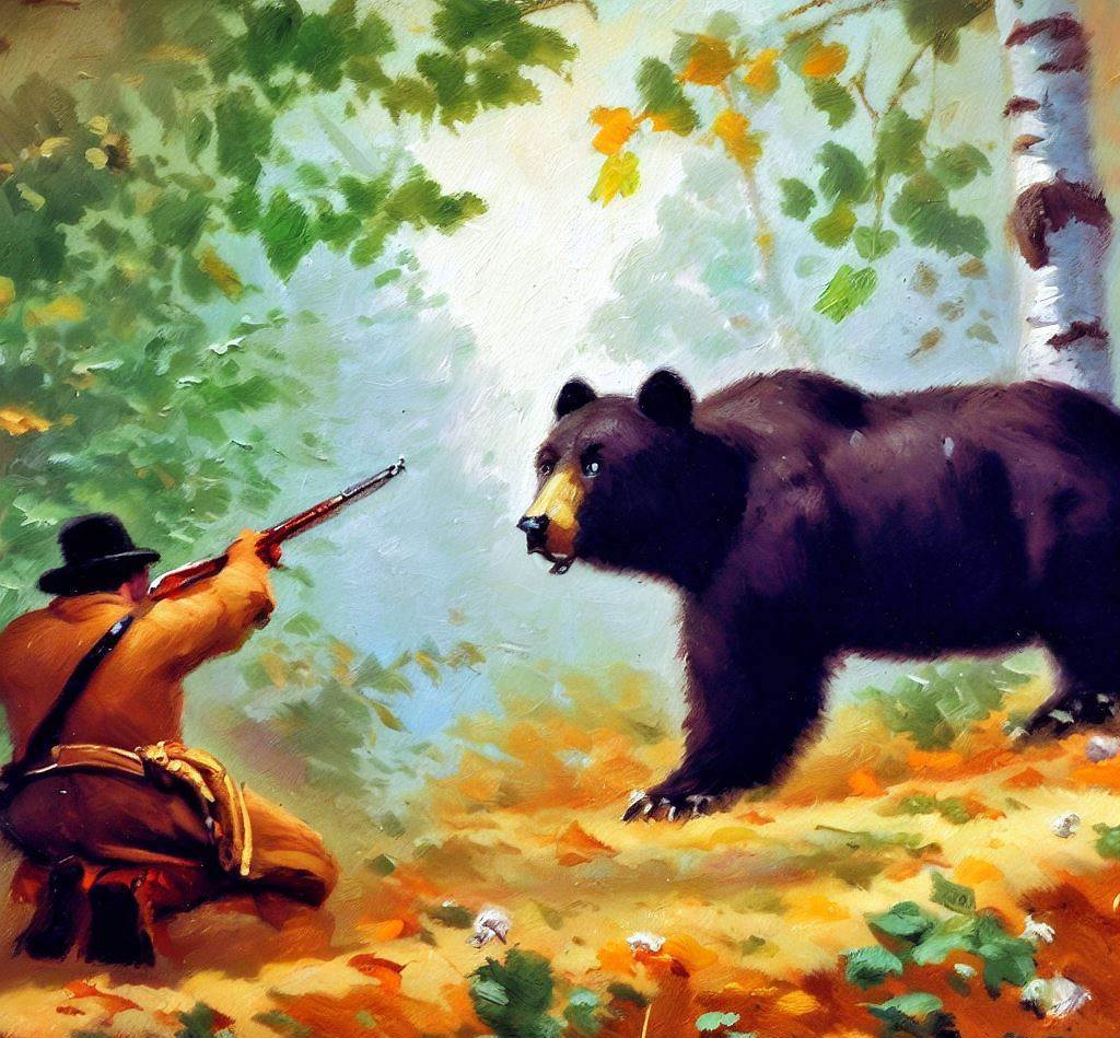 black bear hunting red river gorge Hunter aiming rifle at black bear in Red River Gorge. Depicts historical hunting in Daniel Boone Forest, KY.