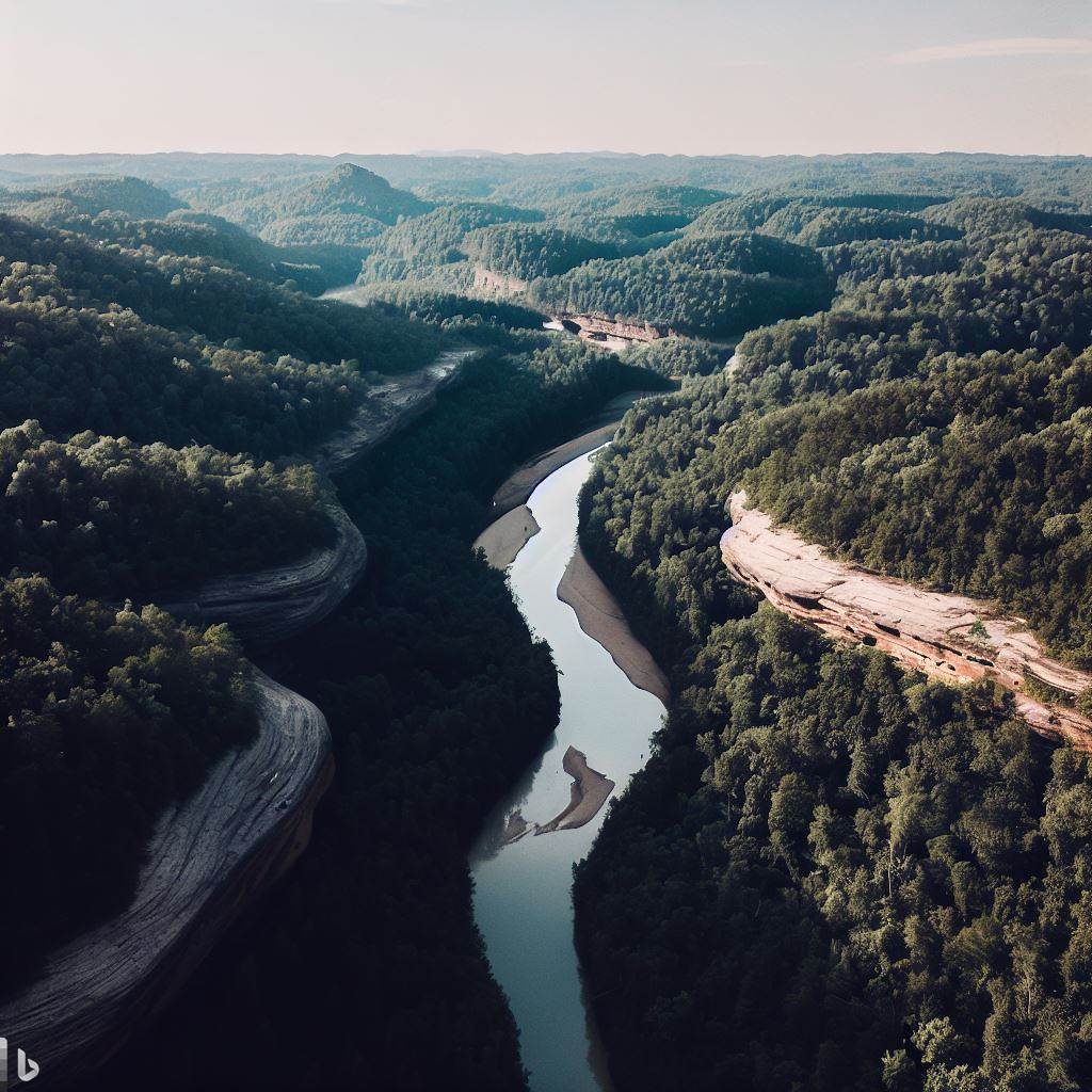 red river gorge arial view ky Aerial view of the Red River Gorge, KY, showcasing its winding river and lush forest. Perfect for hiking and mystery hike experiences.