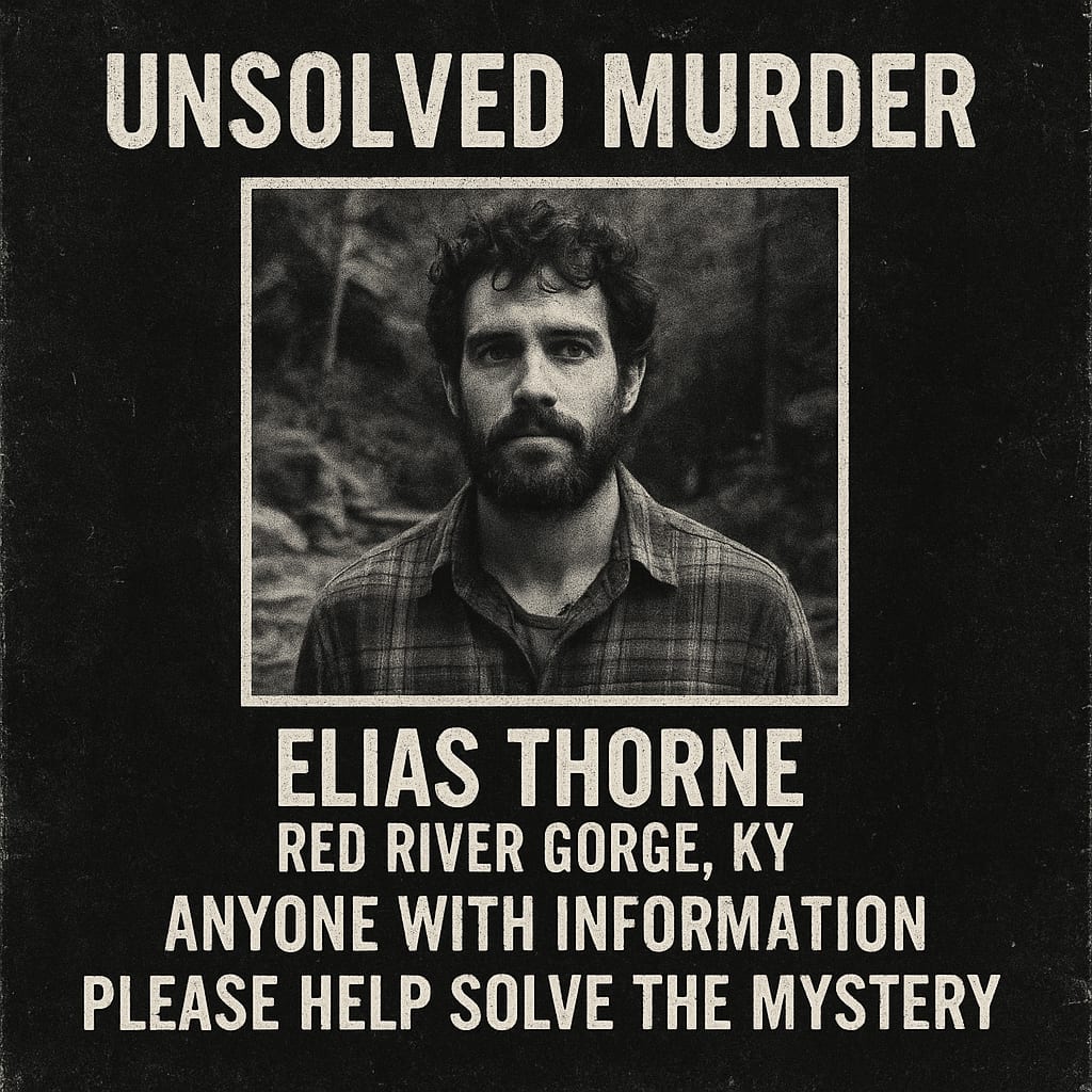 Unsolved murder poster: Elias Thorne, Red River Gorge, KY. Mystery hike experience in Kentucky.