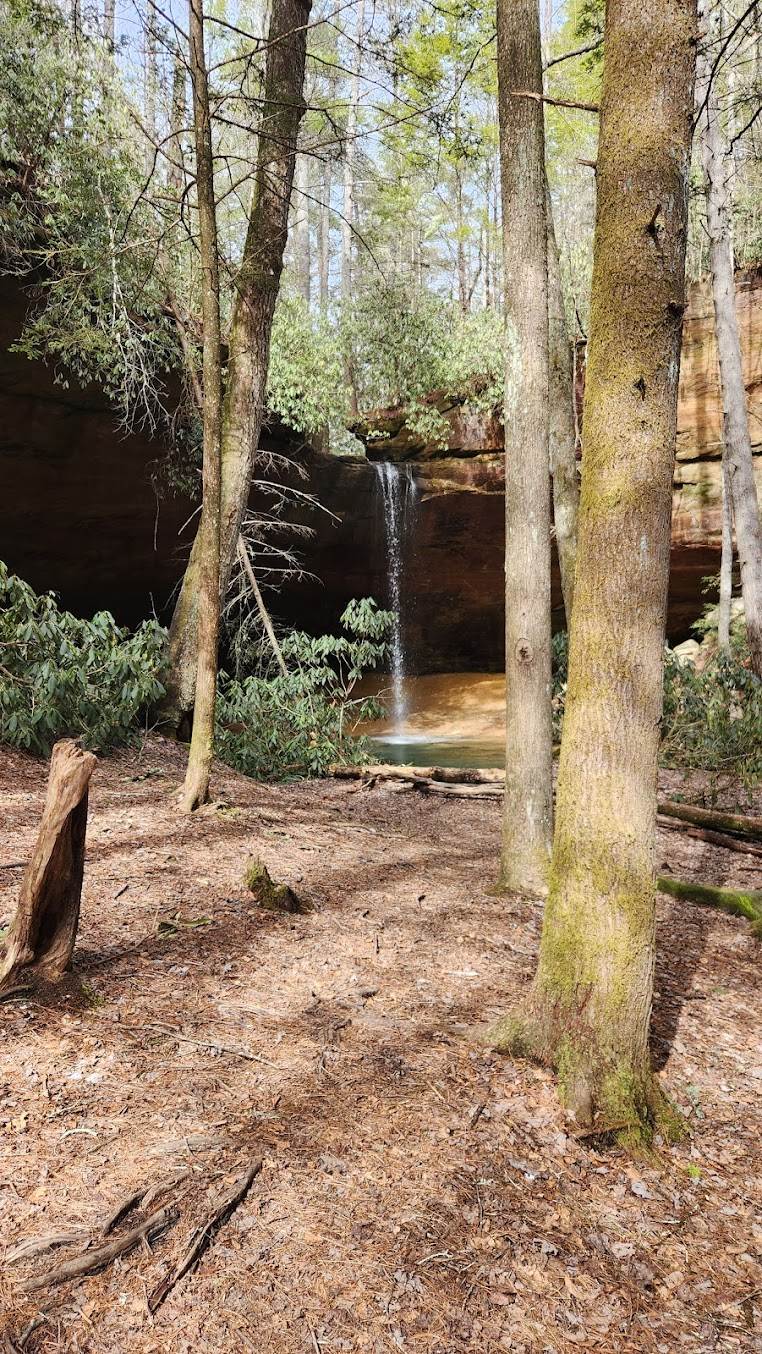copperas falls Waterfall at Red River Gorge, KY, framed by trees. Lush greenery and sandstone cliffs. Mystery hike adventure.